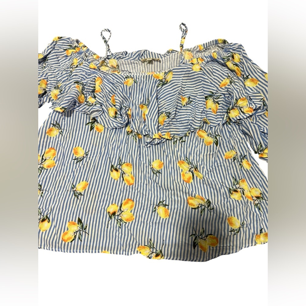 love J Blue and Yellow Striped Lemon Off-Shoulder Top